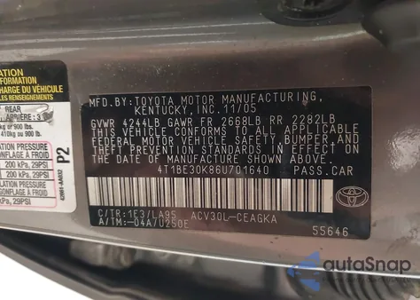 2006 Toyota Camry Xle z USA, uszkodzony, nr VIN 4T1BE30K86U701640